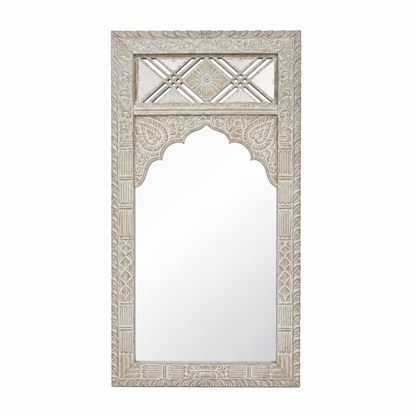 Hand Carved Wooden Mirror 'Sekarupa' - White Wash - 180 x 90 cm