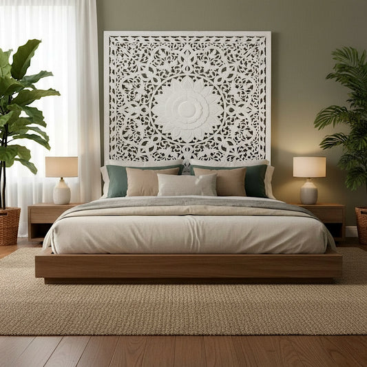 Carved Full Bed Headboard "Raflessia" - White