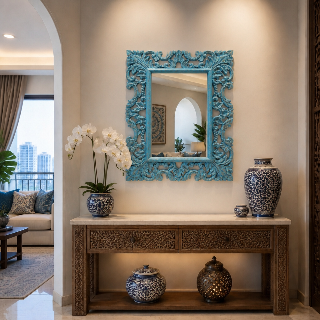 Hand Carved Mirror "Biru" - Blue Wash - 90 x 70 cm