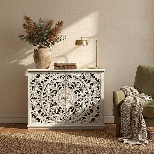 Hand-Carved Wooden Sideboard “Calyta” – White Wash Finish – 125 cm