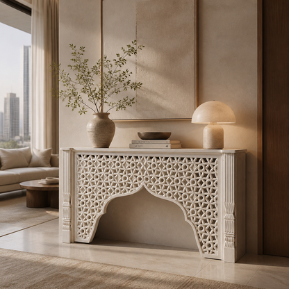 Wooden Carved Console Table "Damai" - White Wash