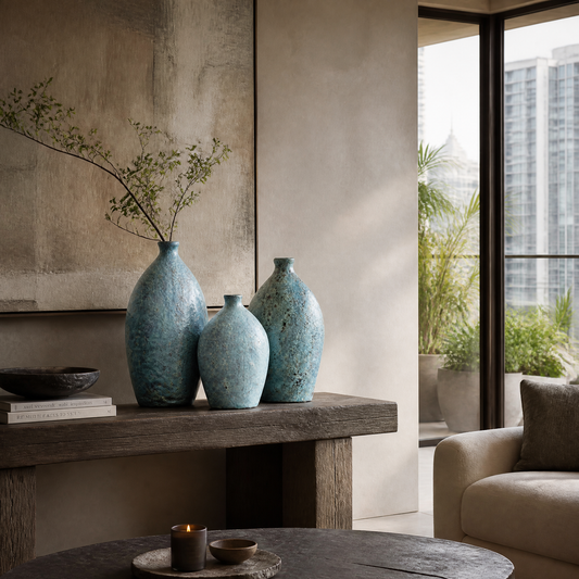 Three textured blue ceramic vases of different sizes styled on a rustic wooden console table in a modern, sunlit living room.