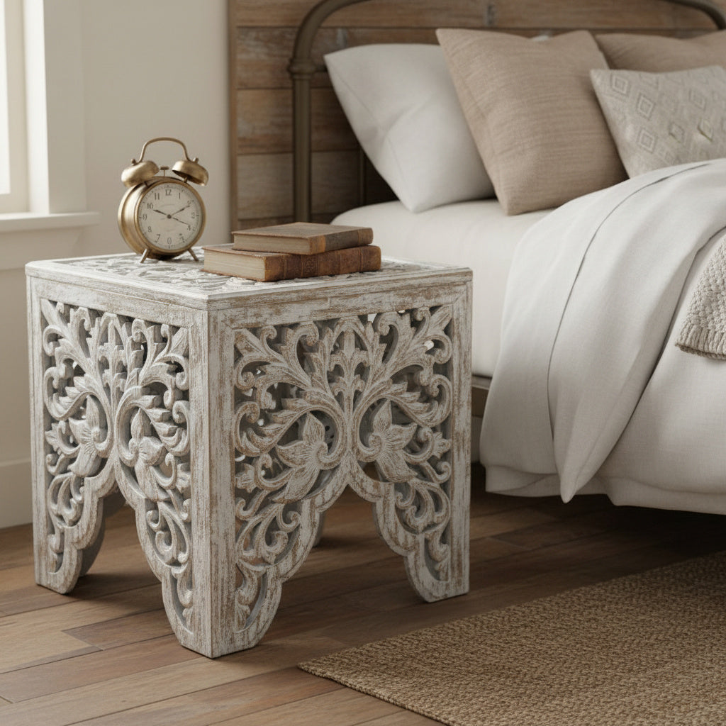 Carved Bedside Table "Ratu" - Antic Wash