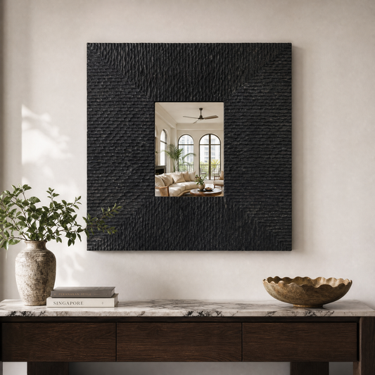 Wooden Sculptured Mirror "Rengkuh" - Black - 70 cm