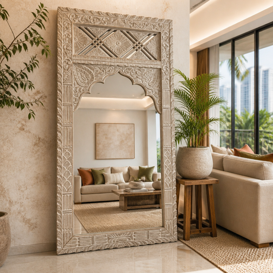 Hand Carved Wooden Mirror 'Sekarupa' - White Wash - 180 x 90 cm