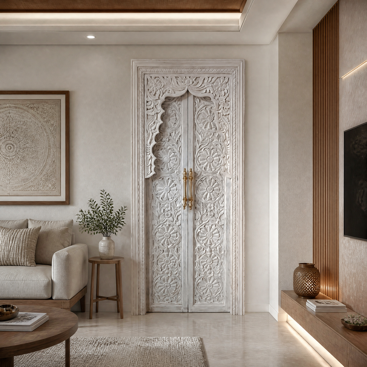 Teak Wooden Hand Carved Door 'Sindhu' in White Wash - 213 x 90 cm