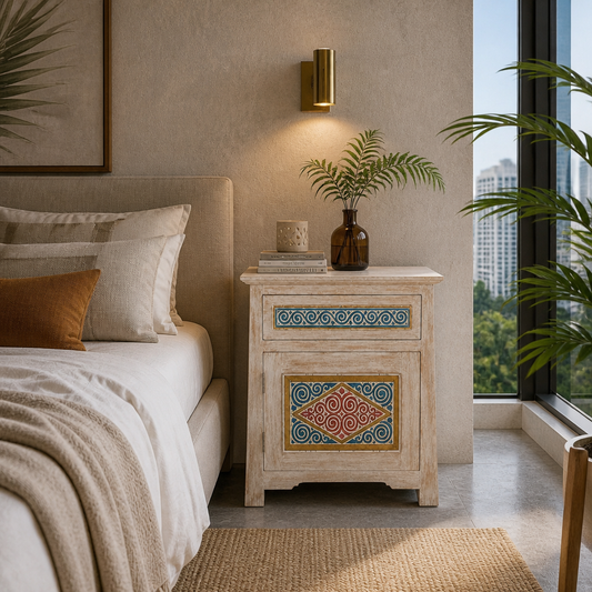 A styled bedroom scene featuring a light beige wooden nightstand with colorful geometric hand-painted details on the drawer and cabinet fronts, styled with a plant in a dark amber glass vase, a small candle, and books.
