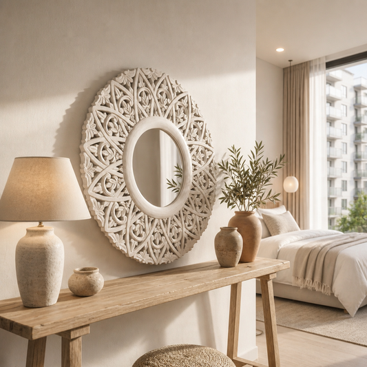 Hand Carved Mirror "Wanasari" in White Wash - 70 cm