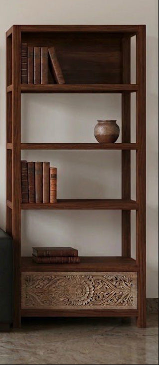 Custom Teak Wood Hand-Carved Bookshelf – 165 x 91 x 30 - Natural & Antic