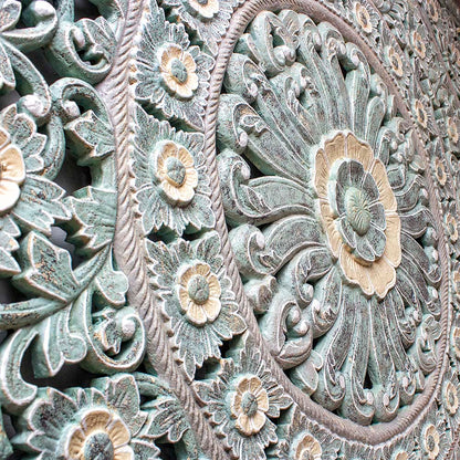 king size mandala bed headboard diana green wash bali design hand carved hand made decorative house furniture wood material decorative wall panels decorative wood panels decorative panel board balinese wall art