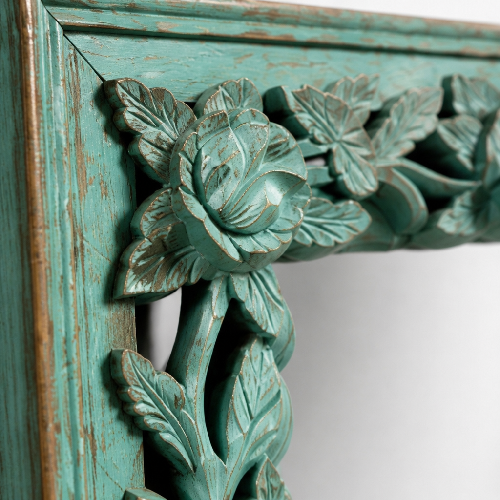 Hand-carved Wooden Mirror "Camélia" - Distressed Turquoise - 120 x 90 cm