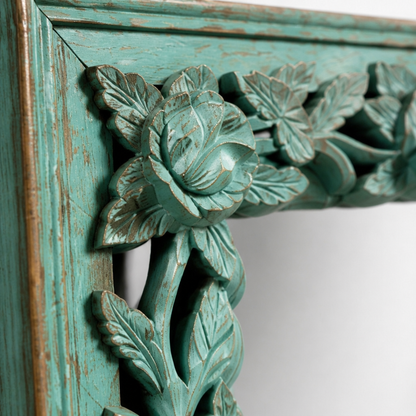 Hand-carved Wooden Mirror "Camélia" - Distressed Turquoise - 120 x 90 cm