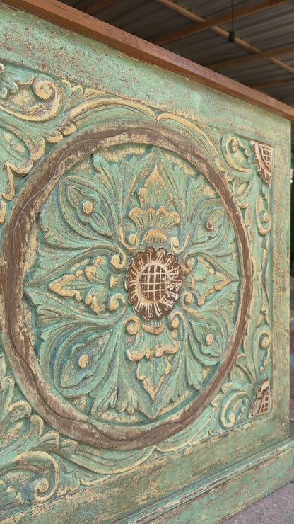 Hand-Carved Wooden Reception Table “Calyta” – Green Wash Finish – 80 cm