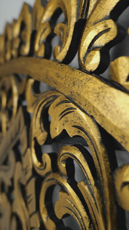 Hand-Carved Half-Moon Mandala Bed Headboard “Serupa” – Gold Antique