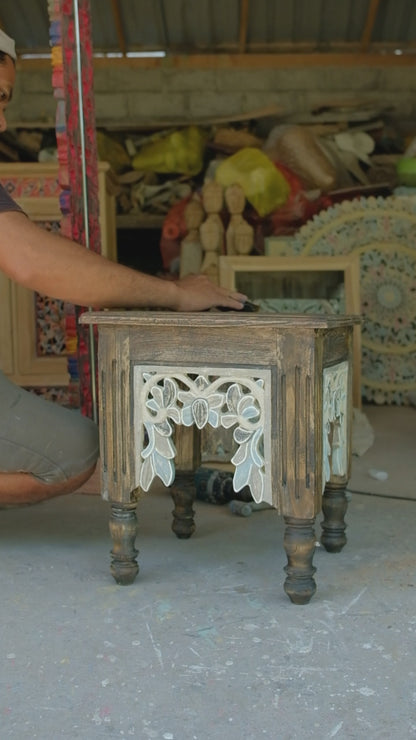 Wooden Carved Side Table 'Jejak' - Brown and Multicolor