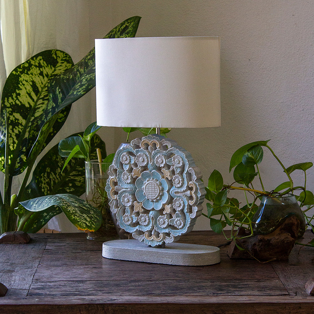 Carved Table Lamp 'Diya' - Blue