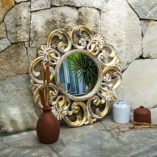 Hand Carved Mirror "Roopa" Gold white wash - 80 cm
