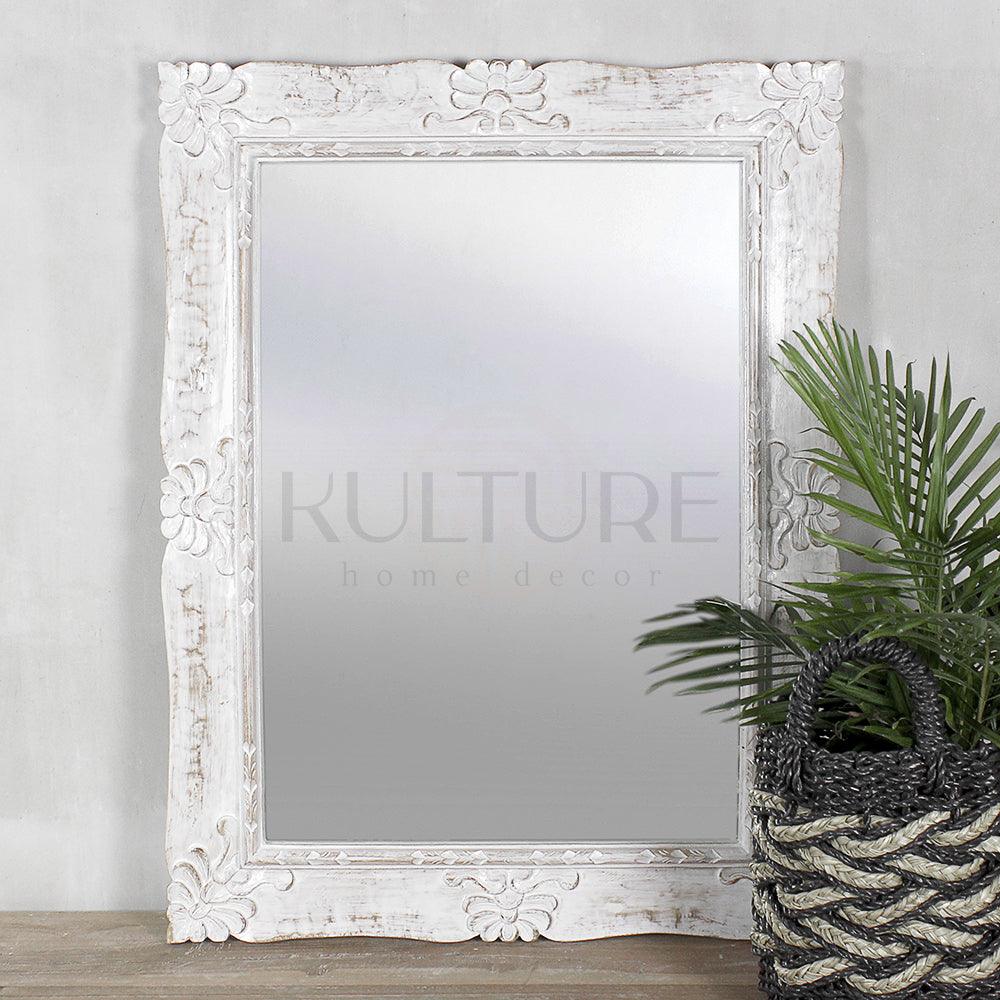 Hand Carved Mirror Pertiwi White Wash 90  cm